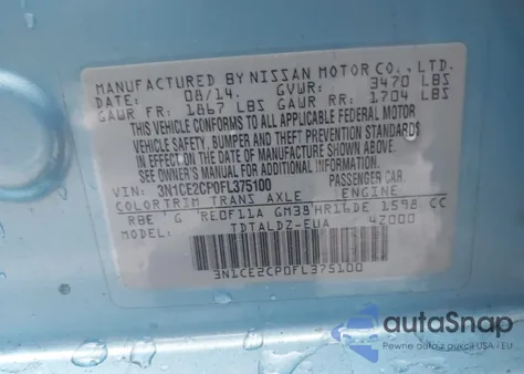 2015 Nissan Versa Note S (Sr)/S Plus/Sl/Sr/Sv z USA, uszkodzony, nr VIN 3N1CE2CP0FL375100